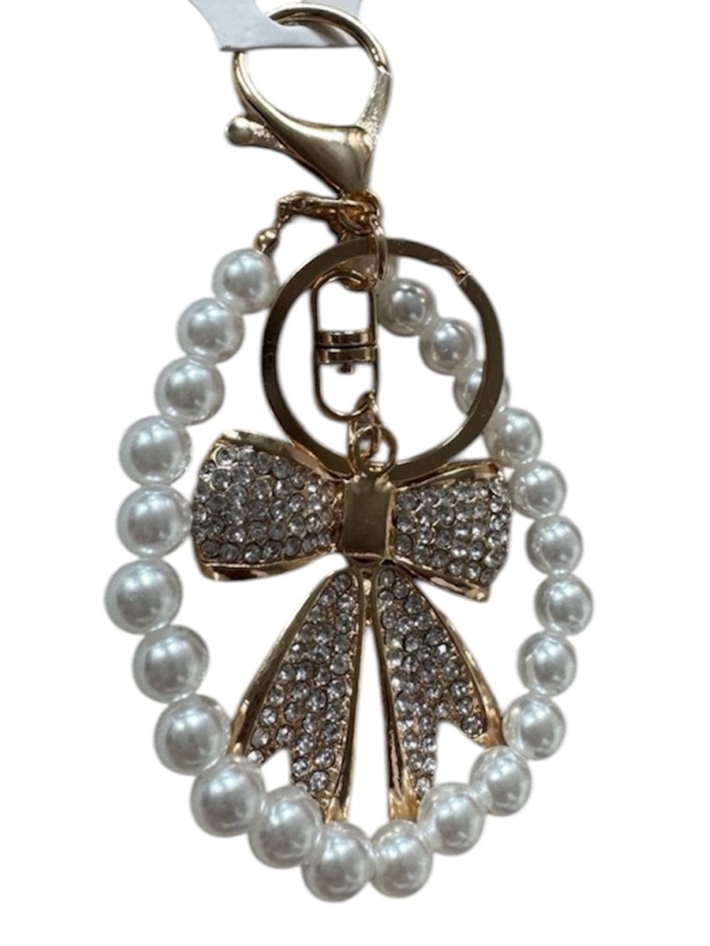 NWOT Pearl Beaded Keychain with Gold Crystal Bow
